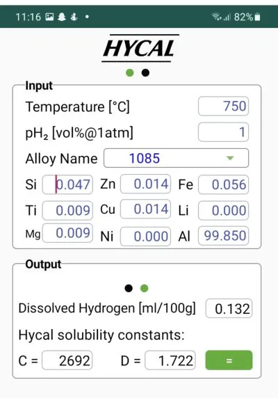 Interfaccia dell'App Android Hycal che mostra i campi di input e output