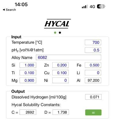 Interfaccia dell'App iOS Hycal che mostra i campi di input e output